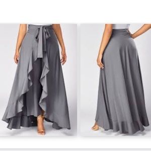 Side Zipper Tie Waist Ruffle Palazzo Pants